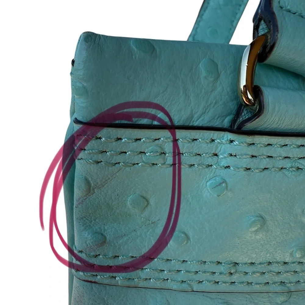 Kate Spade Robins Egg Blue Ostrich Design Embossed Leather W Bow Handbag 11x8 In